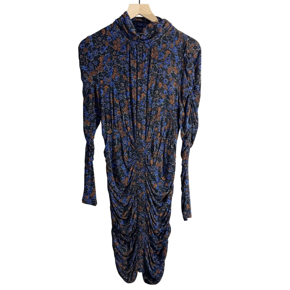 Veronica Beard Gretna Long Sleeve High Neck Ruched Floral Dress‎ Blue Medium